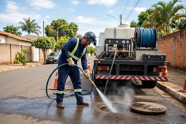 Equipamento de hidrojateamento sendo utilizado por profissionais.