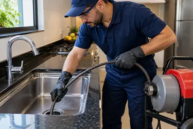 Profissional desentupindo uma pia com ferramentas adequadas.