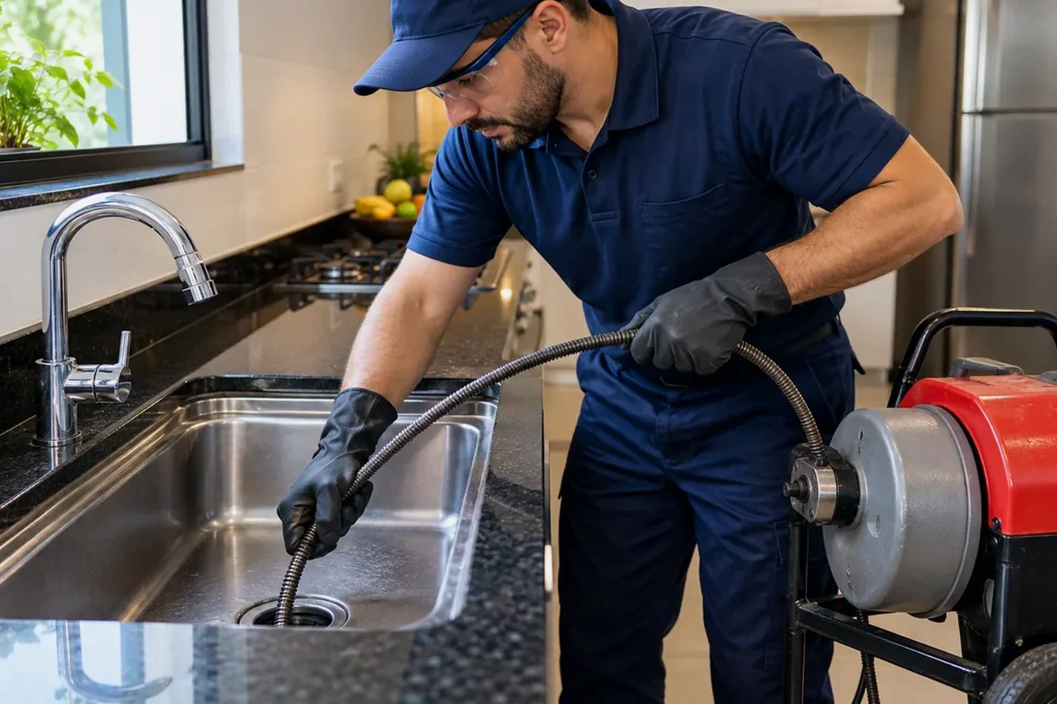 Profissional desentupindo uma pia com ferramentas adequadas.