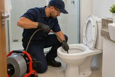 Profissional trabalhando em um vaso sanitário entupido.
