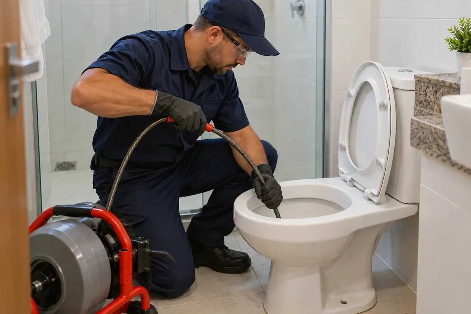 Profissional trabalhando em um vaso sanitário entupido.
