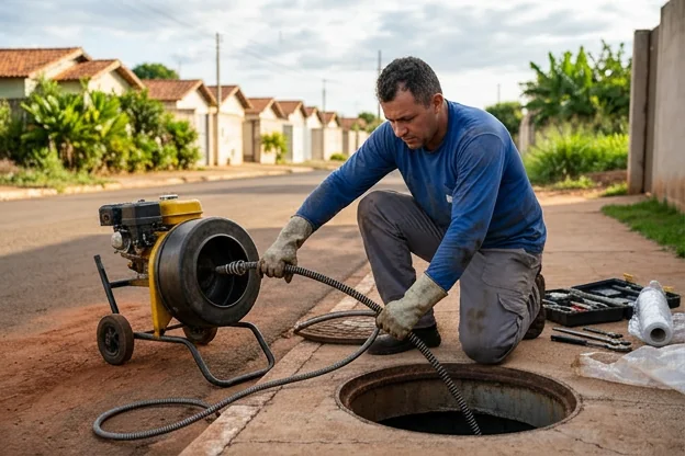 Técnico fazendo a limpeza de tubulações com equipamentos específicos.
