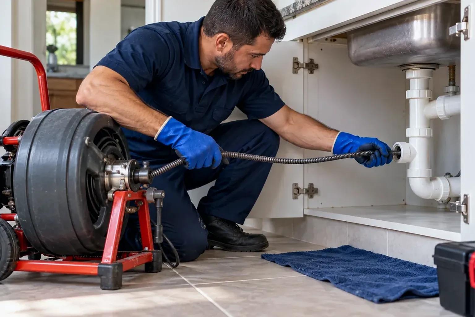 Técnico inspecionando tubulação com câmera.
