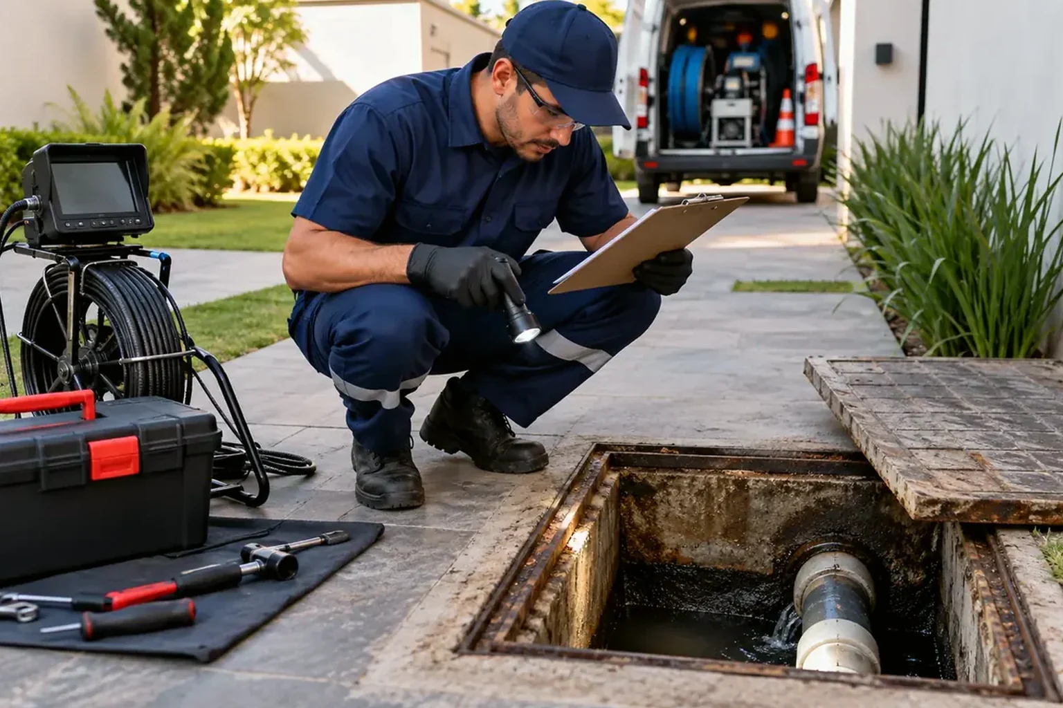 Técnico realizando desentupimento emergencial.