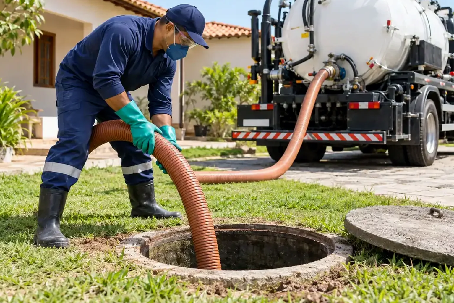 Técnico realizando hidrojateamento em tubulações.