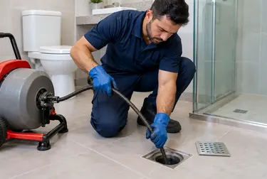Técnico utilizando ferramenta de desentupimento em ralo.