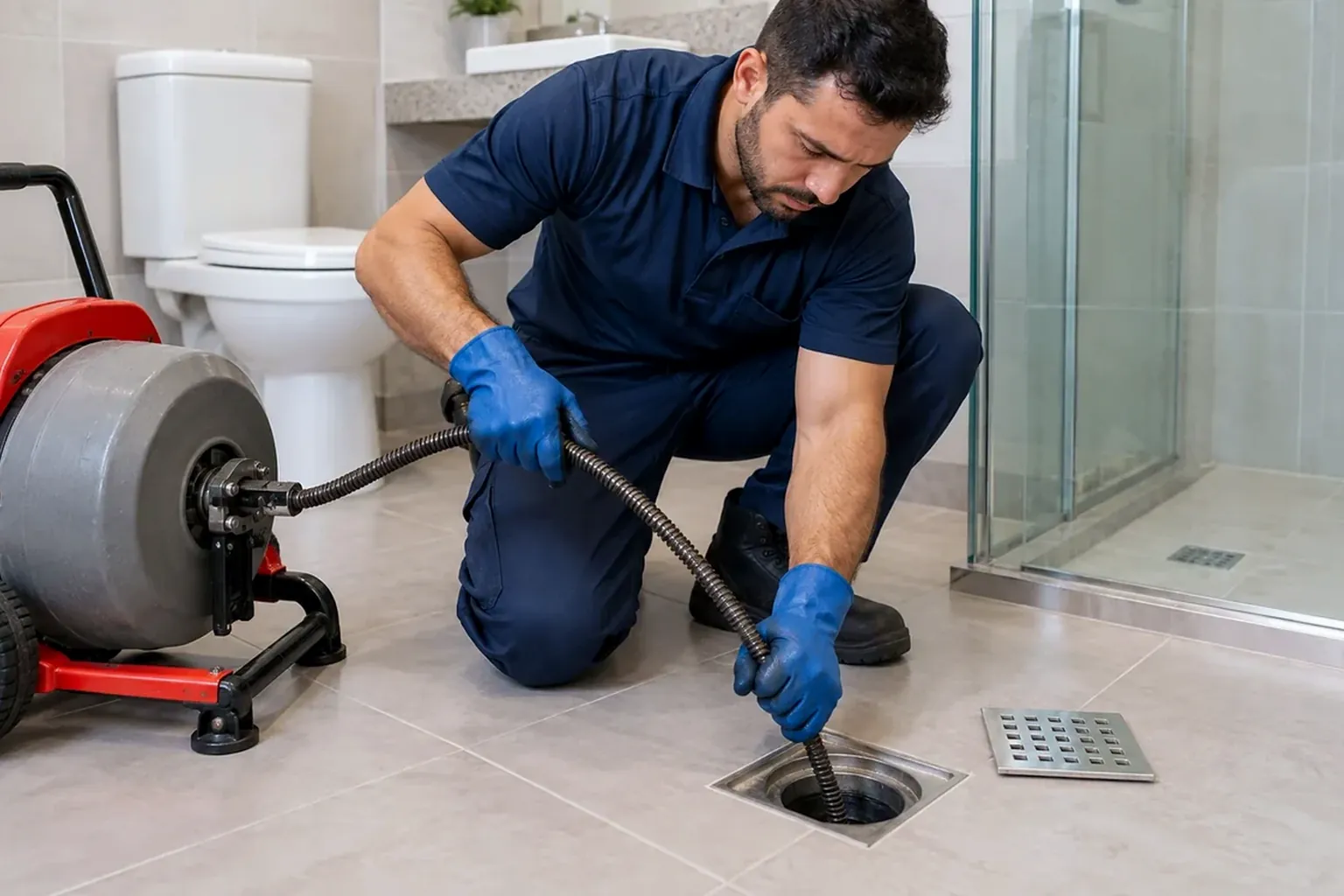 Técnico utilizando ferramenta de desentupimento em ralo.
